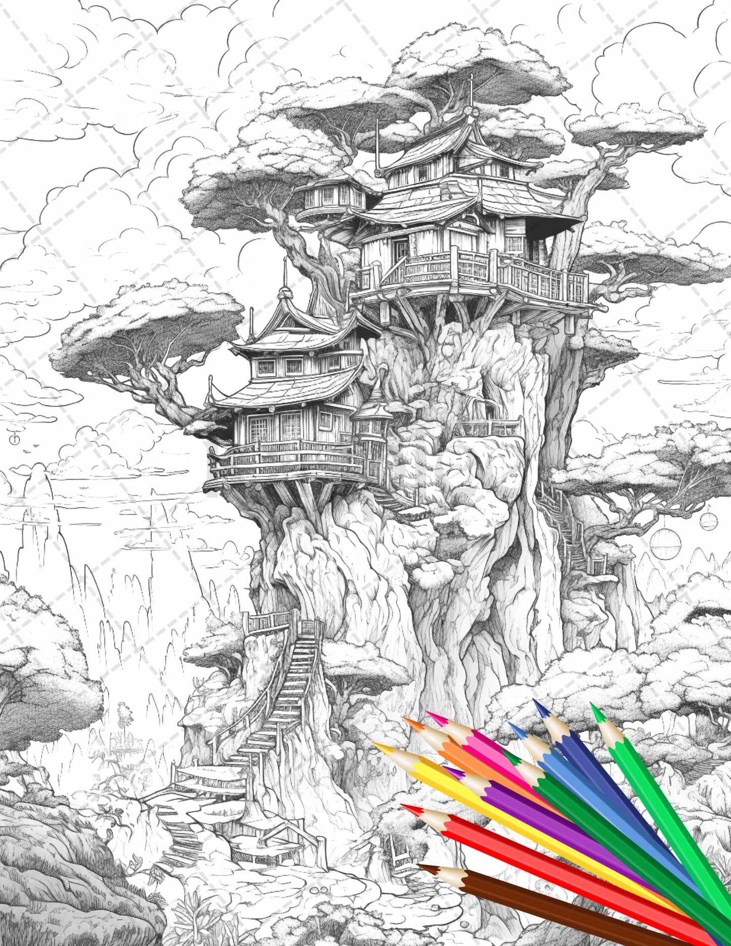 110 Casa del árbol encantada Libro para colorear imprimible para adultos, Página para colorear en escala de grises, Archivo PDF Descarga instantánea