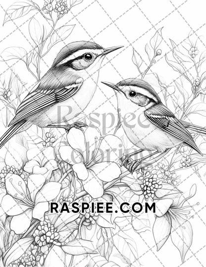 Flowers and Birds Adult Coloring Pages Printable PDF Instant Download - RASPIEE