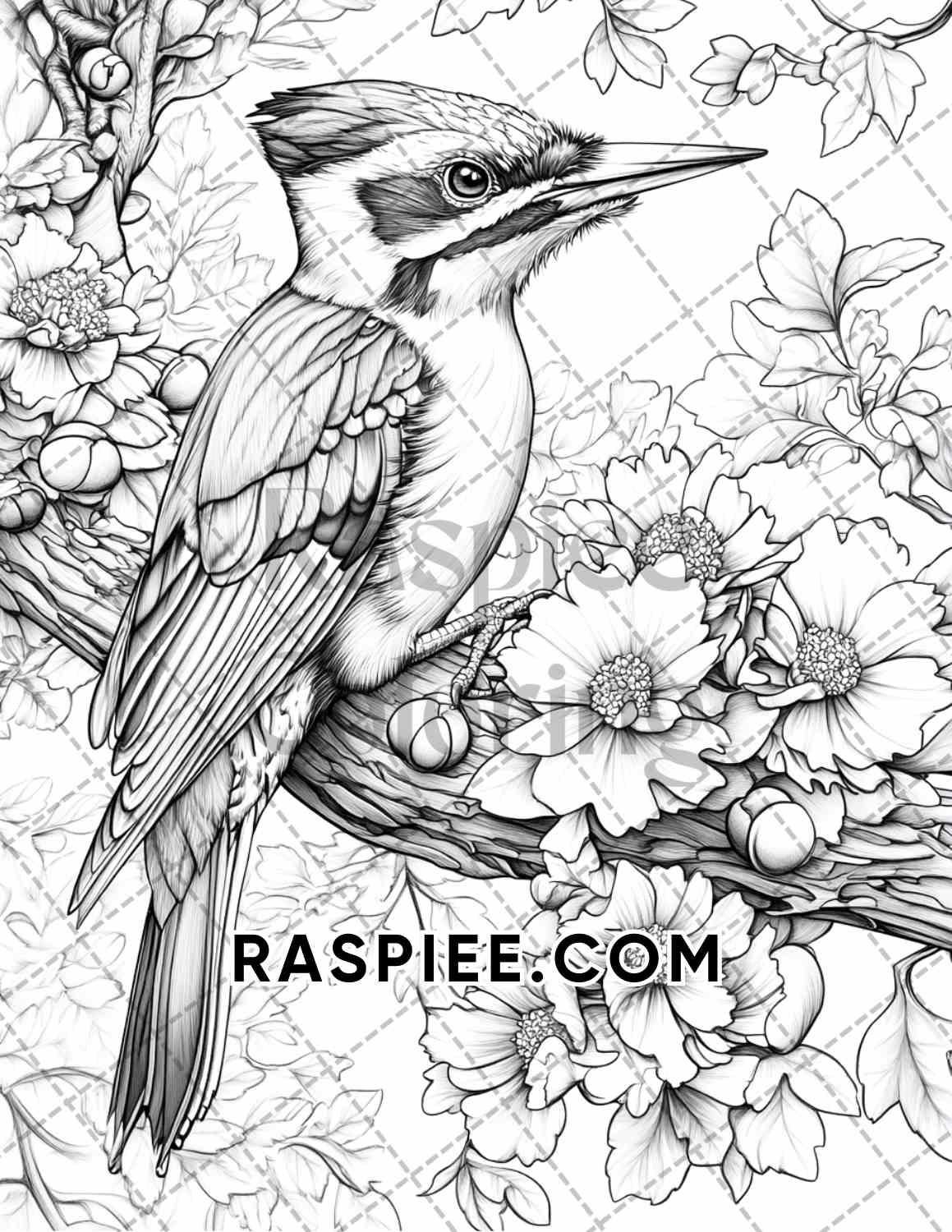 Flowers and Birds Adult Coloring Pages Printable PDF Instant Download - RASPIEE