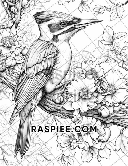 Flowers and Birds Adult Coloring Pages Printable PDF Instant Download - RASPIEE