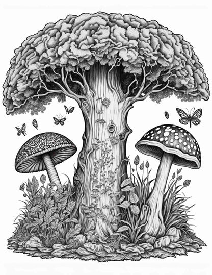100 pages de coloriage de forêt de champignons imprimables pour adultes et enfants, livre de coloriage en niveaux de gris, fichier PDF imprimable Téléchargement immédiat