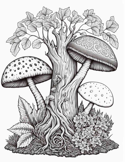100 Mushroom Forest Coloring Pages Printable for Adults and Kids, Grayscale Coloring Book, Printable PDF File Instant Download