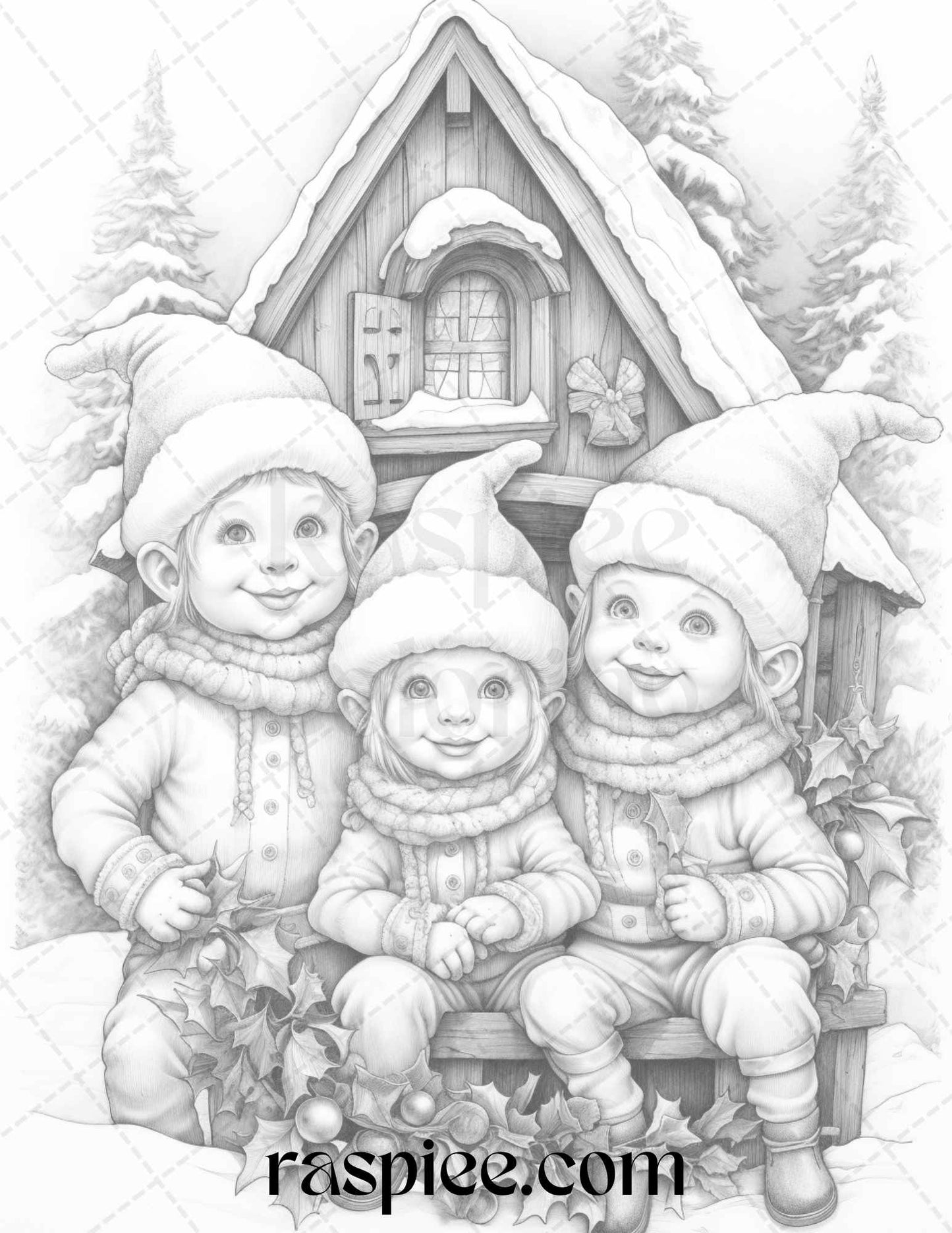 110 Christmas Elves Grayscale Coloring Pages Printable for Adults Kids, PDF File Instant Download