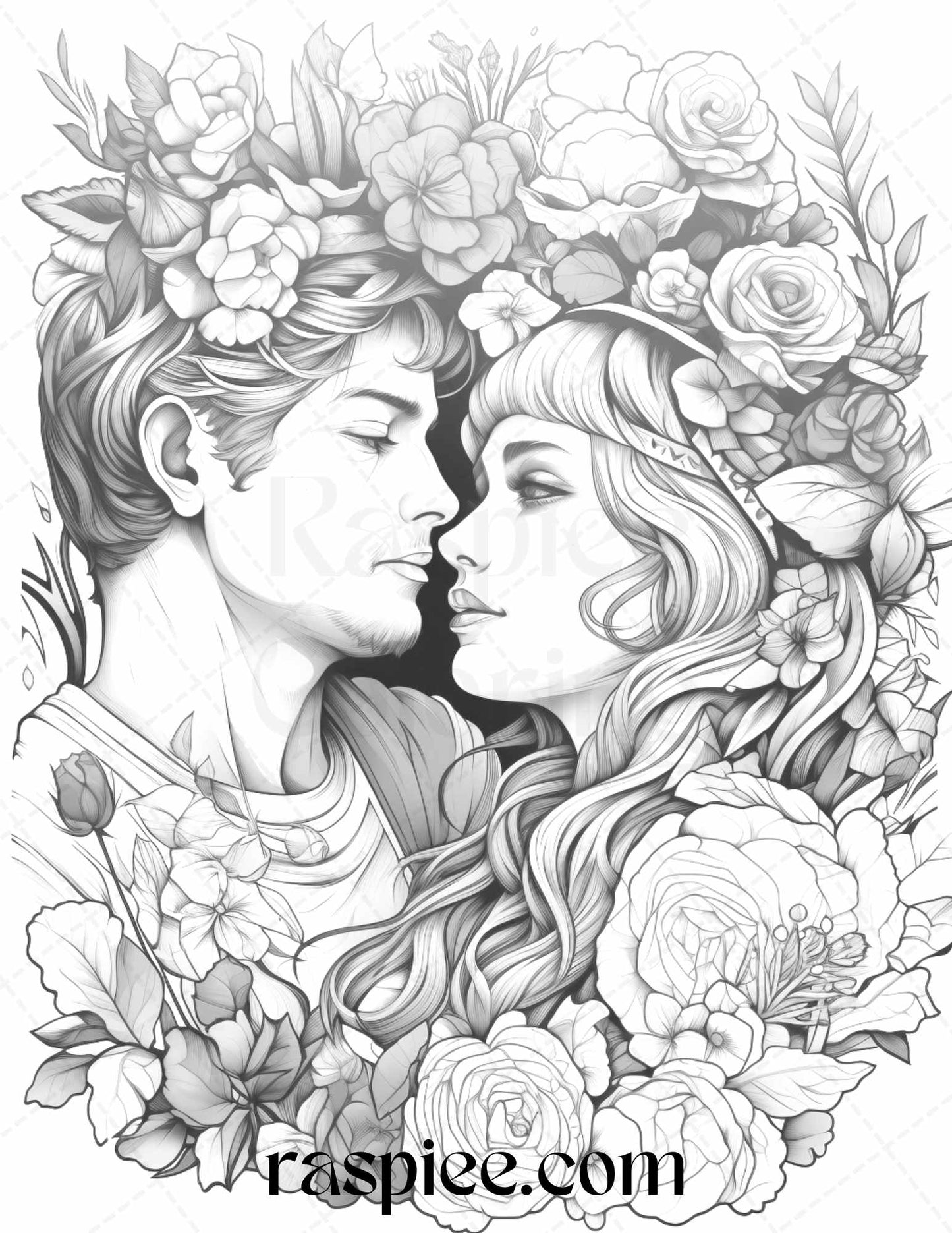 50 Romantic Couple Flowers Grayscale Coloring Pages Printable for Adults, PDF File Instant Download - Raspiee Coloring