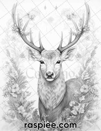 50 Christmas Deer Grayscale Coloring Pages for Adults, Printable PDF I ...
