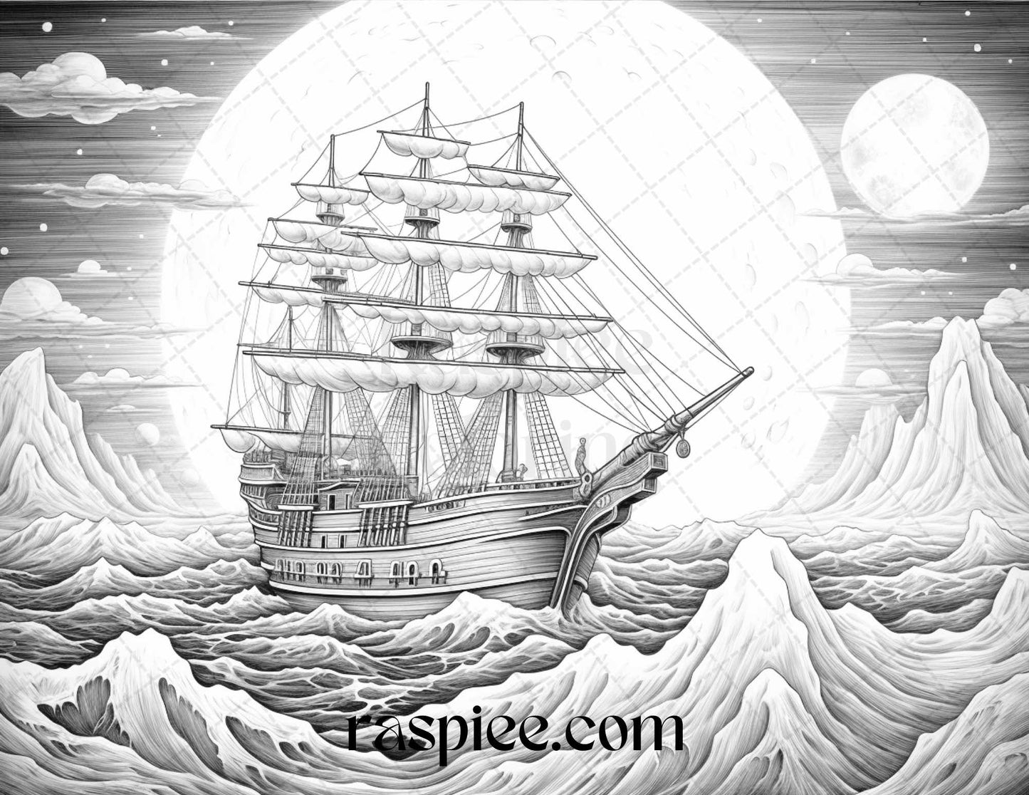 Celestial landscapes grayscale coloring page, Adult coloring printable of astral scene, Night sky universe grayscale art, Moon and stars celestial coloring, Black and white grayscale coloring sheet