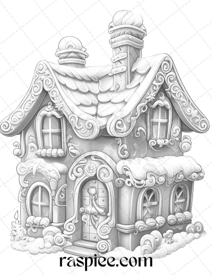 Christmas Gingerbread House Coloring Pages, Printable Coloring Pages for Adults and Kids, Grayscale Coloring Sheets, Instant Download Christmas Coloring Book