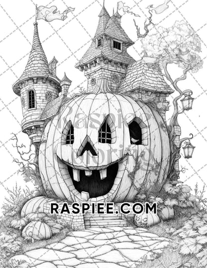 Fantasy Giant Pumpkin Castles Adult Coloring Pages Printable PDF Instant Download - RASPIEE