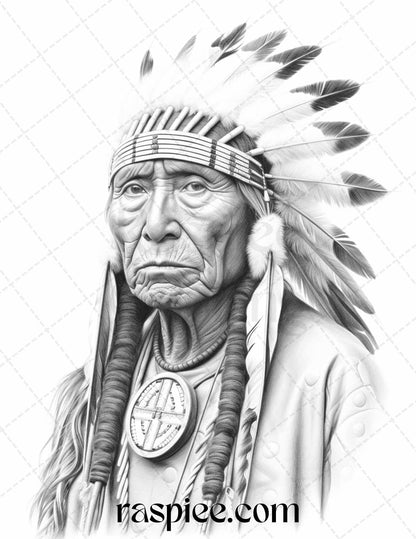 Native American Portrait Coloring Page, Printable Grayscale Coloring Art, Adult Coloring Download, Native American Ethnic Art, Intricate Portrait Illustration