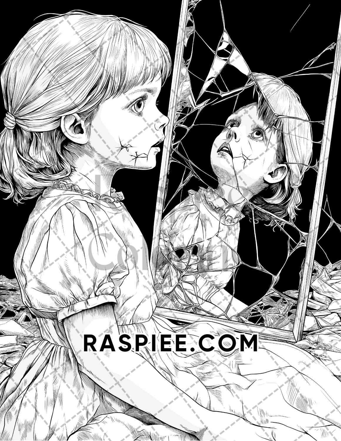 Haunted Dolls Halloween Horror Adult Coloring Pages Printable PDF Instant Download - RASPIEE