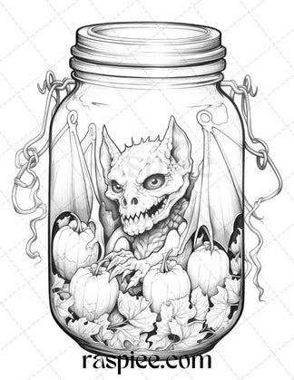 40 Halloween in Jar Grayscale Coloring Pages for Adults, Printable PDF ...