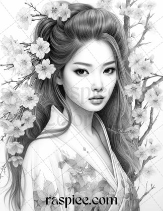 40 Beautiful Japanese Girls Grayscale Coloring Pages Printable for Adu ...