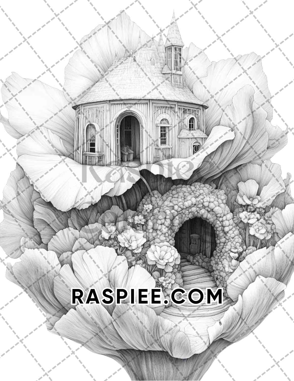 Fantasy Flower Houses Adult Coloring Pages Printable PDF Instant Download