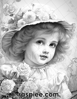 60 Spring Vintage Girls Grayscale Adult Coloring Pages, Printable PDF ...