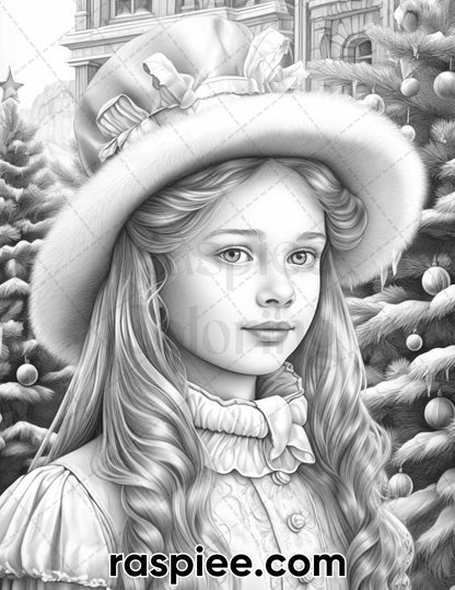 Victorian Christmas Girls Coloring Pages, Vintage Girls Coloring Activity, Portrait Coloring Pages for Adults, Christmas Coloring Pages for Adults, Xmas Coloring Pages, Christmas Coloring Book Printable, Portrait Coloring Book, Victorian Coloring Pages, Grayscale Coloring Pages
