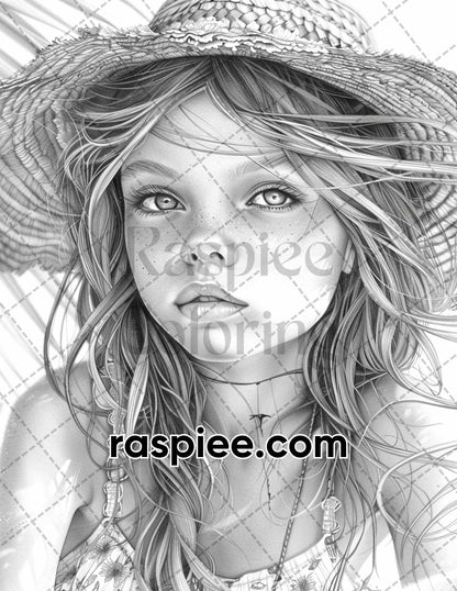 65 Summer Little Girls Portrait Grayscale Adult Coloring Pages Printable PDF Instant Download