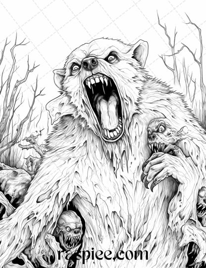 Spooky Zombie Animals Grayscale Coloring Page, Halloween Horror Coloring Book Printable, Zombie Animals Adult Coloring Pages, Scary Creatures Grayscale Art, Creepy Monsters Halloween Coloring, Instant Download Halloween Art
