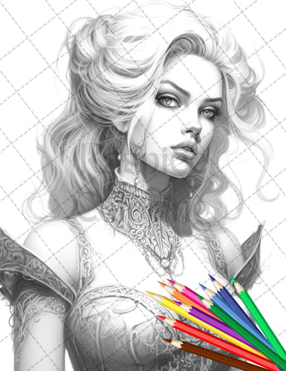 40 Beautiful Gothic Girls Grayscale Coloring Pages Printable for Adults, PDF File Instant Download - raspiee