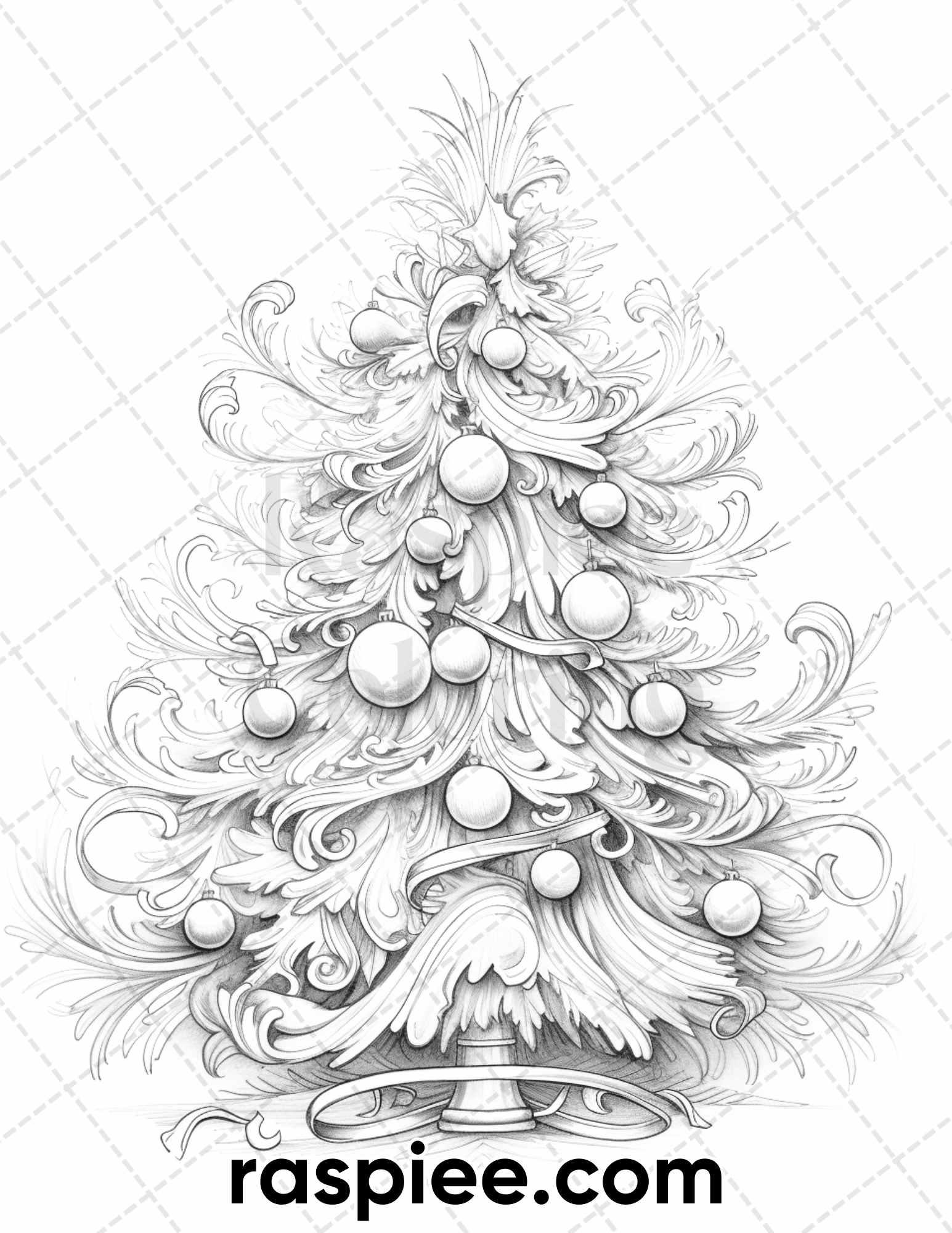 40 christmas tree grayscale coloring pages for adults, printable pdf  instant download