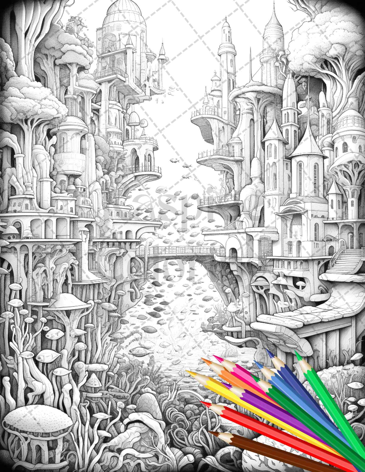Enchanted Underwater City Grayscale Coloring Pages Printable for Adults, PDF File Instant Download - raspiee
