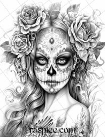 50 Day of the Dead Grayscale Coloring Pages Printable for Adults, PDF ...