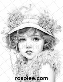 50 Vintage Flapper Baby Girls Grayscale Coloring Pages for Adults, Pri ...