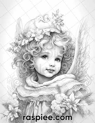 55 Christmas Angel Grayscale Coloring Pages for Adults, Printable PDF ...