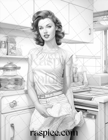 40 Retro Housewives Grayscale Coloring Pages for Adults, Printable PDF File Instant Download