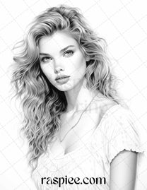 1980s Retro Beautiful Women Grayscale Coloring Pages for Adults, PDF F ...