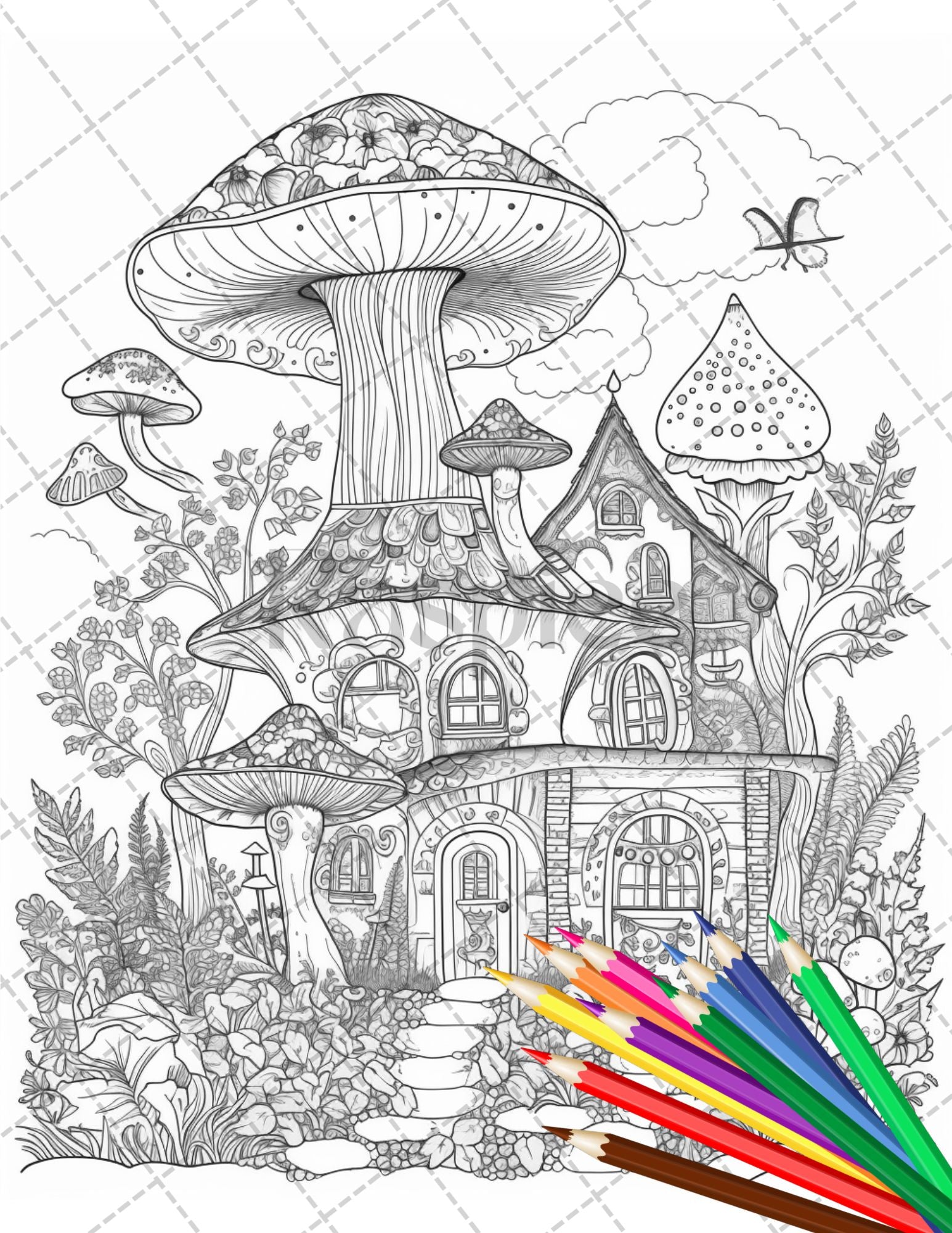 32 Whimsical Mushroom House Coloring Pages for Adults, Grayscale Coloring Book, Printable PDF File Download - raspiee