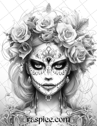 55 Halloween Girls Grayscale Coloring Pages Printable for Adults, PDF ...