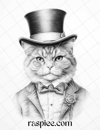 Gentleman Cat Grayscale Coloring Pages Printable for Adults Kids, PDF ...