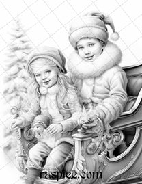 50 Vintage Christmas Girls Grayscale Coloring Pages for Adults and Kid ...
