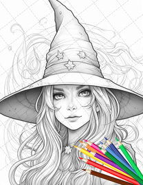 40 Cute Witches Coloring Pages Printable for Adults, Grayscale Colorin ...