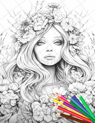 38 Flower Goddess Coloring Pages Printable for Adults, Grayscale Color ...