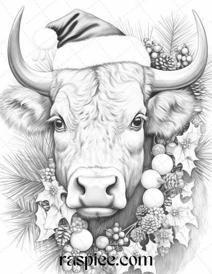 Christmas Animals Grayscale Coloring Pages, Adult Coloring Printable Images, Festive Illustrations for Adults, Xmas Animal Portraits, Stress-Relief Grayscale Art