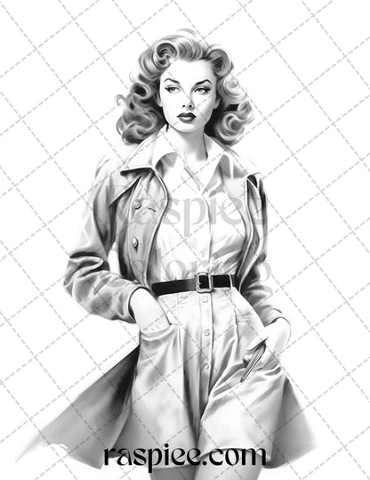 Vintage Fashion Grayscale Coloring Pages Printable for Adults, PDF File Instant Download - raspiee