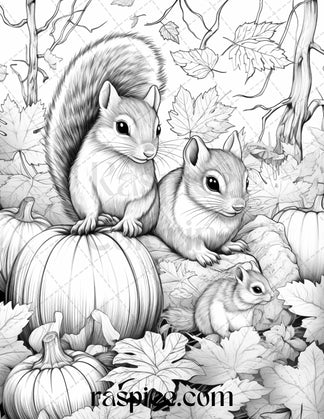 Autumn Animals Grayscale Coloring Pages for Adults and Kids, Printable ...