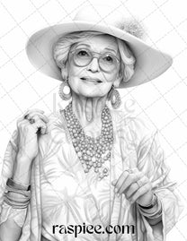 40 Fashionista Grandma Grayscale Coloring Pages Printable for Adults ...