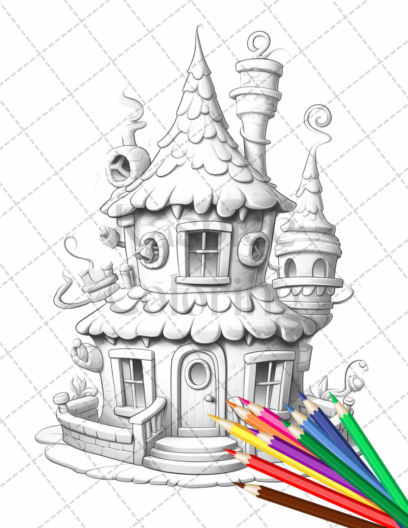 122 Fantasy Castles Coloring Book for Adults, Grayscale Coloring Page