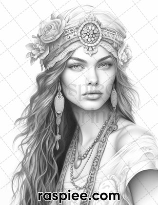 60 Bohemian Beauties Grayscale Coloring Pages for Adults, Printable PD ...