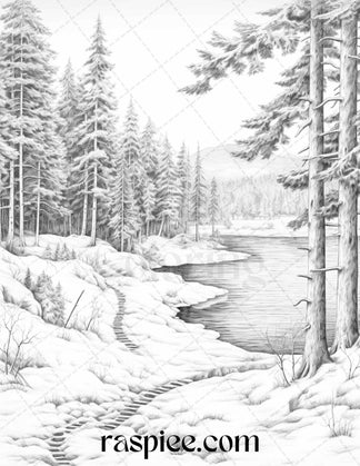 Winter Scenery Grayscale Coloring Pages Printable, Relaxing Snowy Land ...