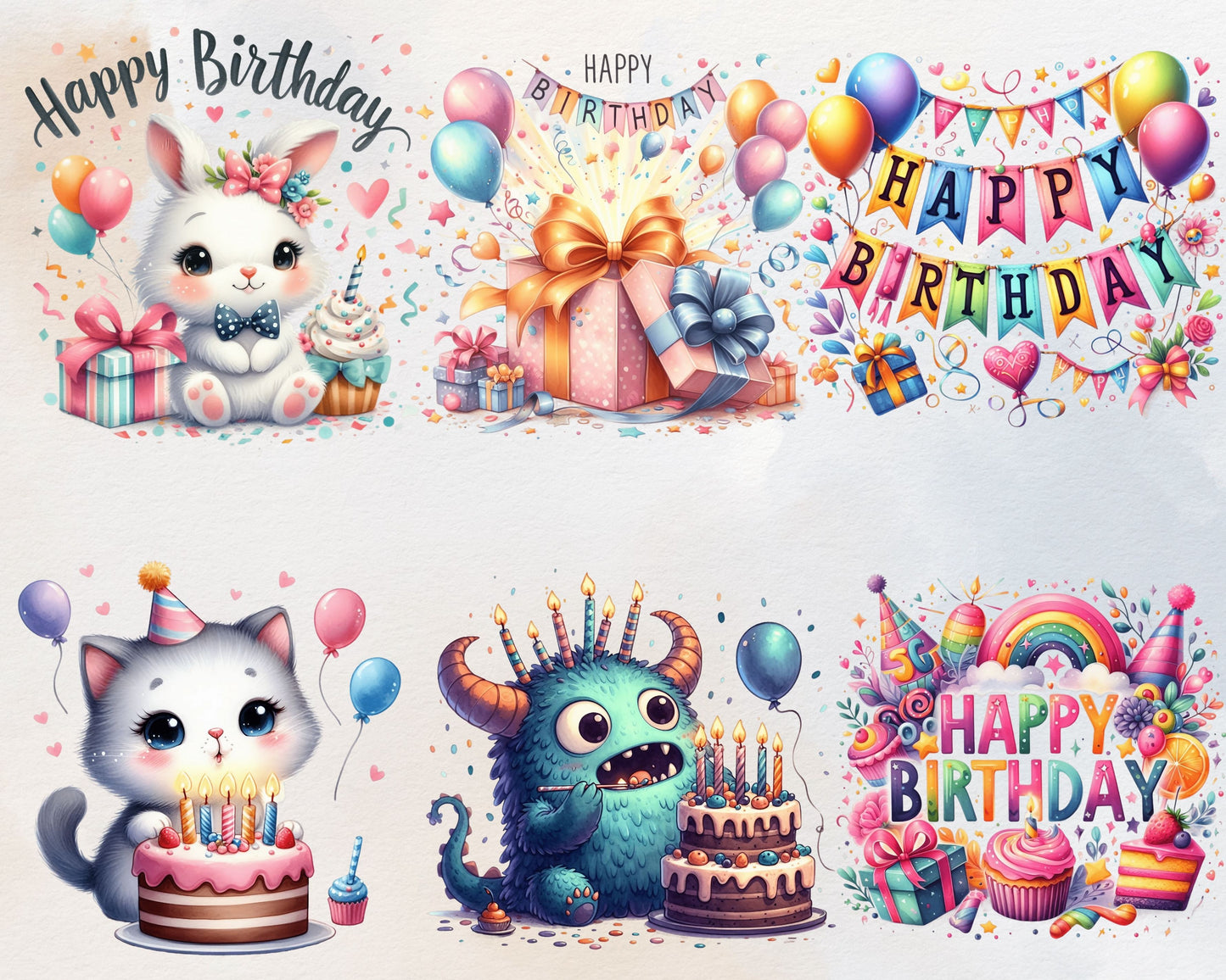 Watercolor Happy Birthday Clipart Bundle