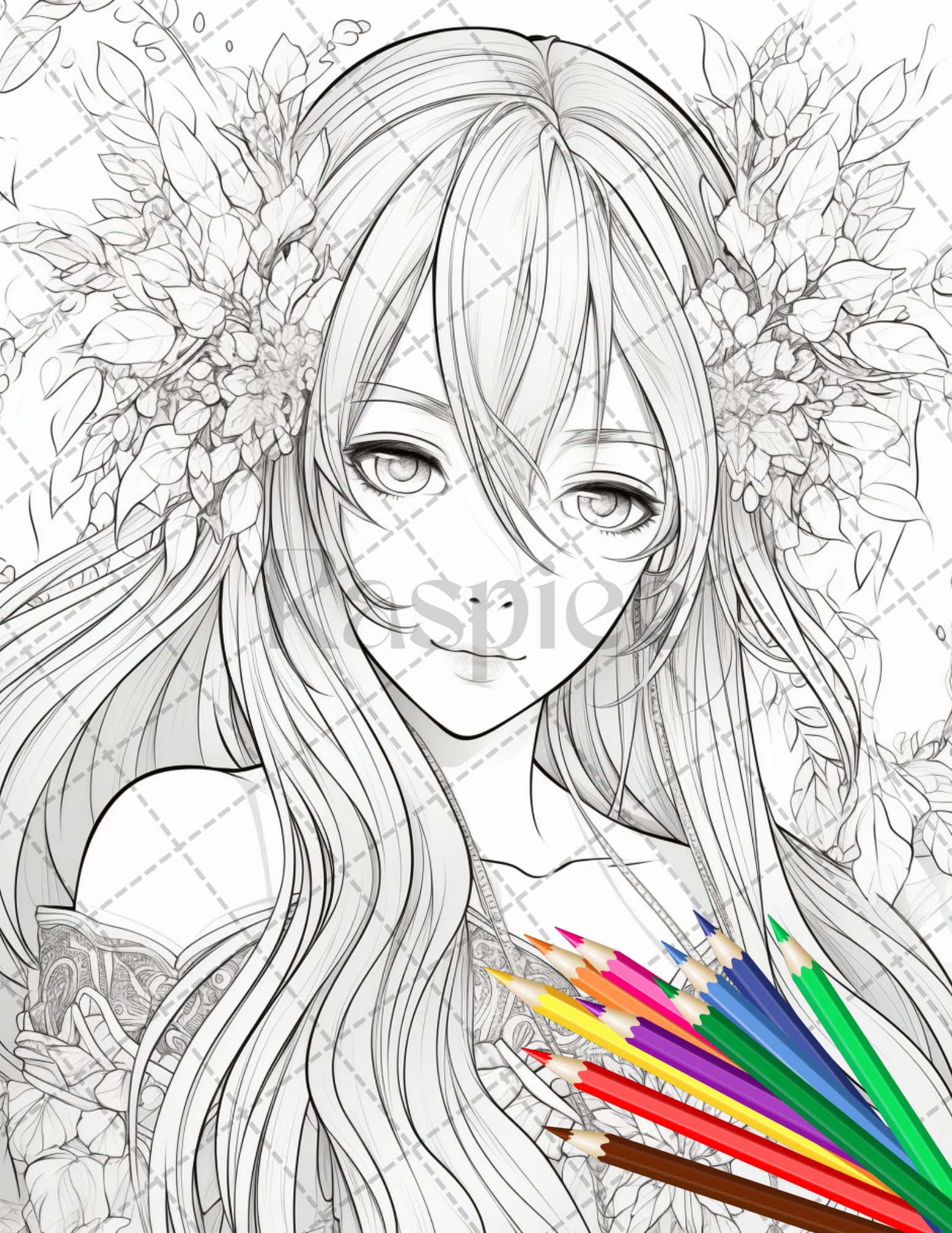 Anime Bombshell Grayscale Coloring Page · Creative Fabrica