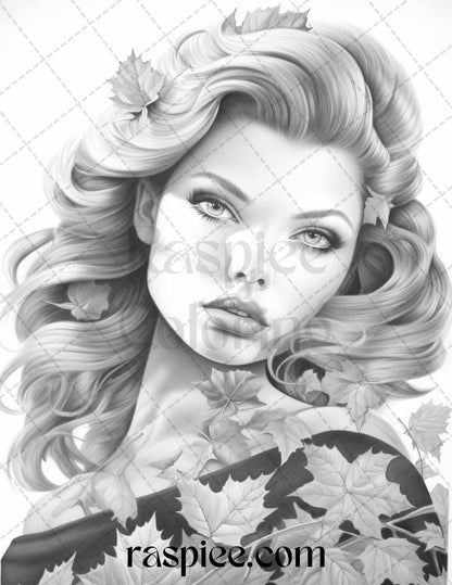 Autumn Pin Up Girls Coloring Pages, Grayscale Adult Coloring Sheets, Vintage Pinup Art for Printing, Coloring Book for Grownups, Digital Download Coloring, Autumn Coloring Therapy, High-Quality Coloring Images, Autumn Coloring Pages for Adults, Portrait Coloring Pages for Adults, Vintage Coloring Pages