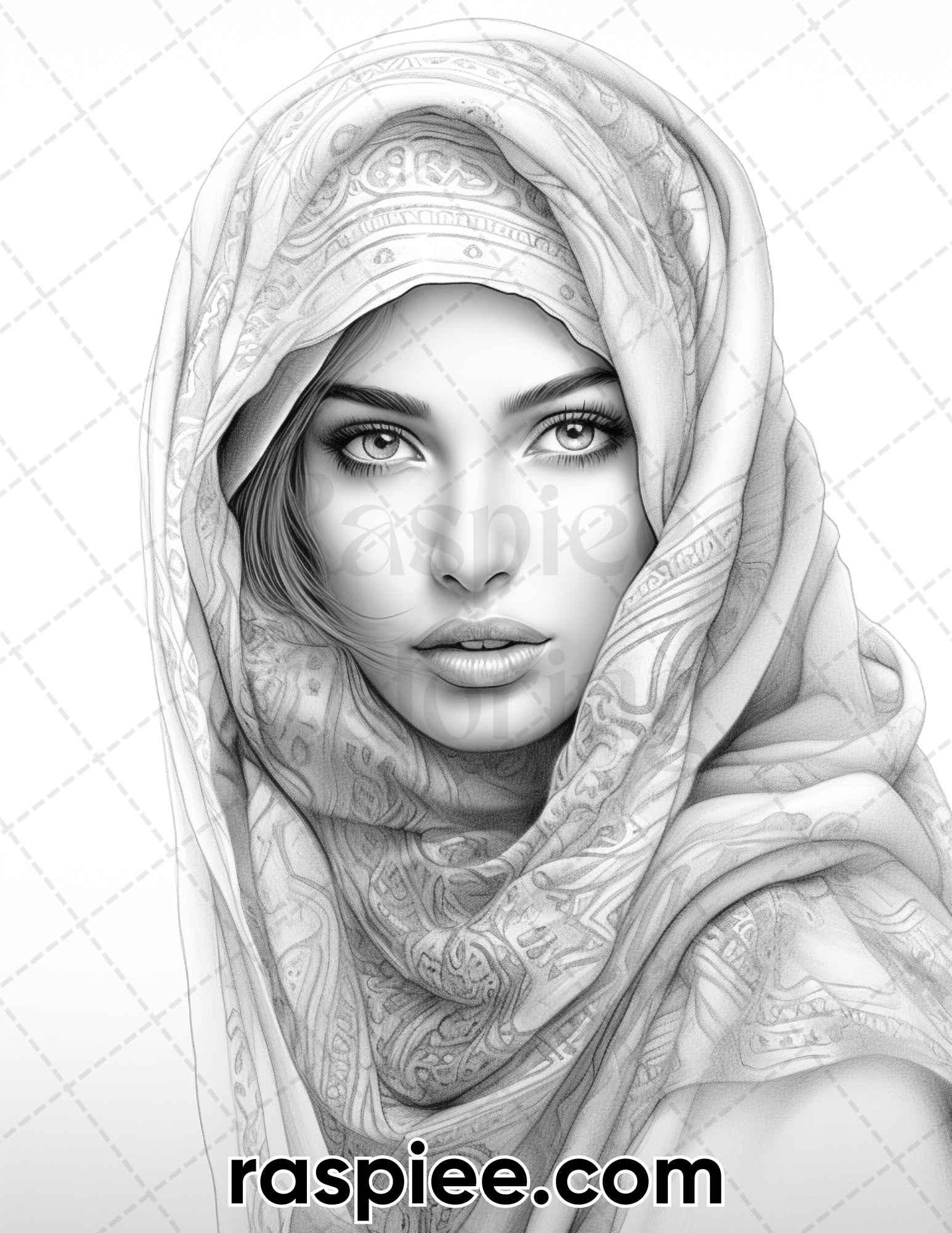 42 Arabian Woman Portrait Gayscale Coloring Pages for Adults, Printabl ...