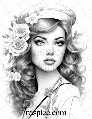 40 Sailor Pin Up Girls Grayscale Coloring Pages Printable for Adults ...