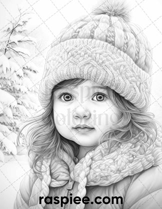 50 Baby Winter Portrait Grayscale Coloring Pages Printable for Adults ...