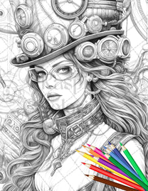 40 Steampunk Ladies Grayscale Coloring Pages Printable for Adults, PDF ...