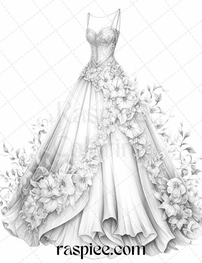 Floral wedding dress coloring page, Elegant grayscale adult coloring printable, Intricate floral gown illustration, Wedding fashion coloring pages, Printable coloring page for adults
